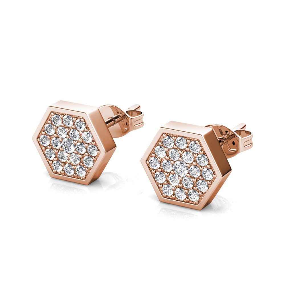 Zeshoekige oorbellen - rosé goud en kristal