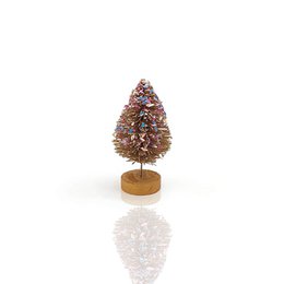 Gold rainbow glitter Christmas tree ornament, small decorative tabletop tree with wooden base.