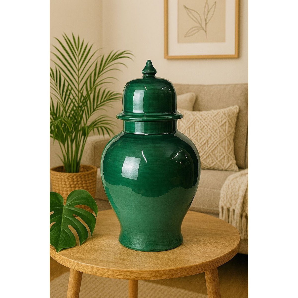Tempel vase ceramic green 43 cm vase with lid dark green