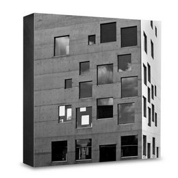 Minimalist black and white poster featuring a modern concrete building with geometric window patterns. Suitable for interior design, architecture, or urban decor.