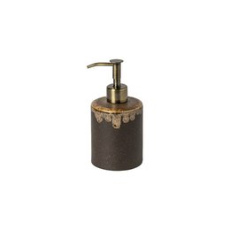  Ceramic soap dispenser in dark brown color with brass-colored pump. Suitable for bathroom or kitchen use.