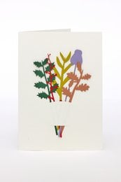 A bouquet of colorful flowers, including red, yellow, and green stems, arranged in a stylized composition.