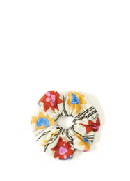 Colorful floral print scrunchie with a variety of vibrant patterns and shapes.