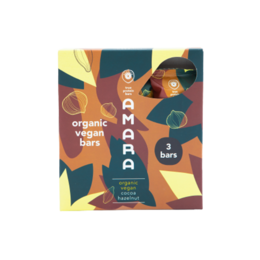 Organic vegan cocoa hazelnut snack bars in a colorful package design featuring abstract shapes and patterns.