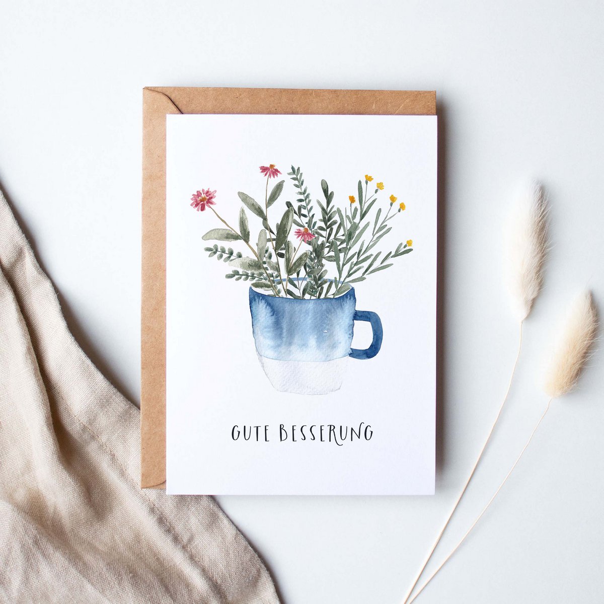 Folding card "Get well soon, blue cup" | recovery