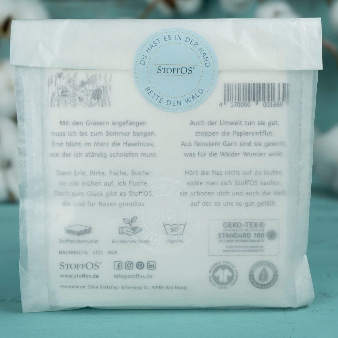 Mouchoirs en tissu, blanc, motif d'emballage Hatschi! avec poème