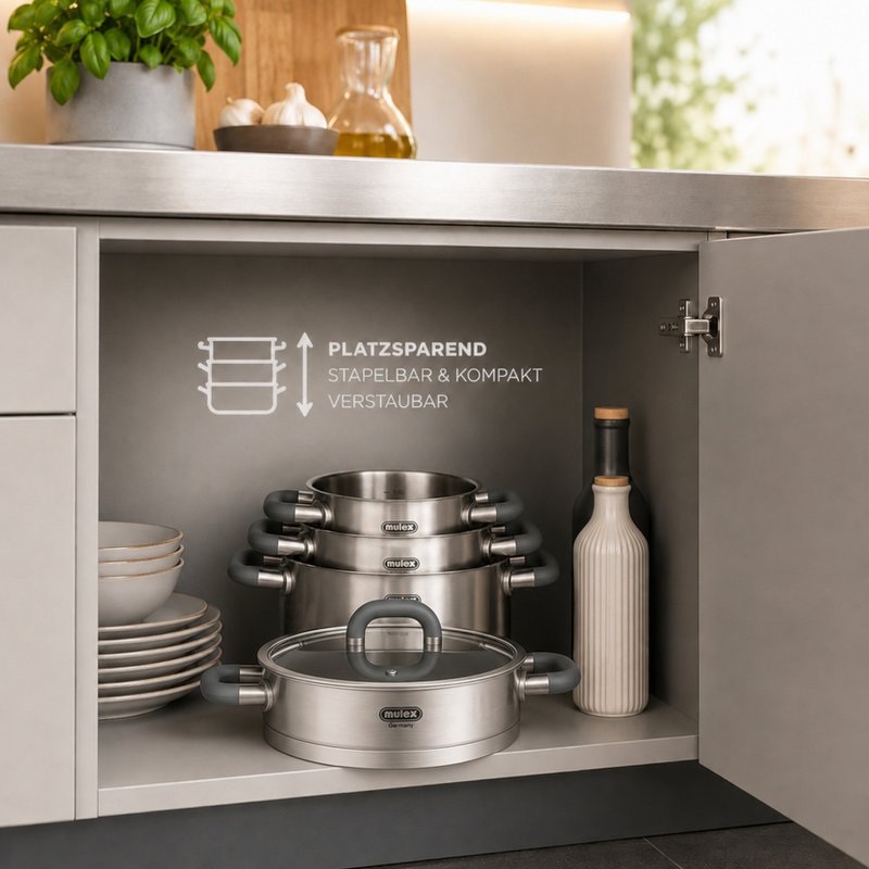 LUGANO Edelstahl Topfset 6tlg. + Stielpfanne 24 cm + Servierpfanne 24 cm