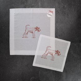 White cotton handkerchief with a red terrier dog design. Available in two sizes: 43 x 43 cm and 33 x 33 cm.
