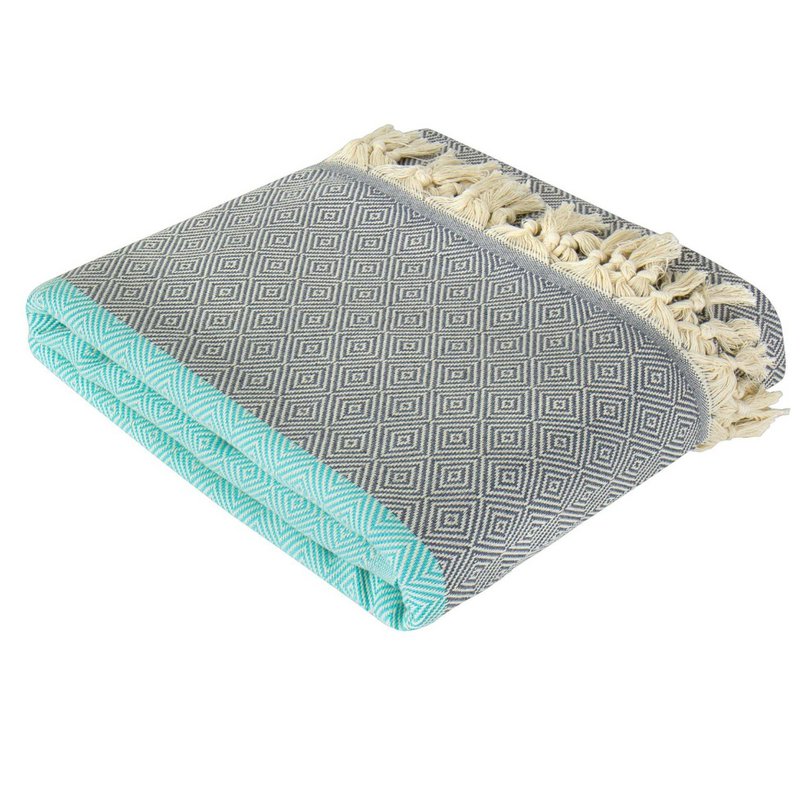 Copriletto in cotone Diamond grigio e verde turchese