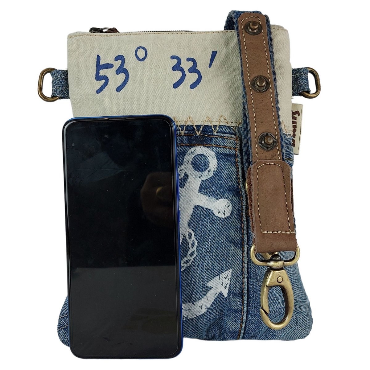 Sunsa Damen Umhängetasche. Schultertasche aus Upcycling Jeans und Canvas (Segeltuch). Handtasche Vintage Retro-Stil. Crossbody Tasche für Frauen mit Anker Maritimmotiv