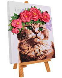Tabby cat with pink rose flower wreath, color by numbers craft kit, sensory art activity.