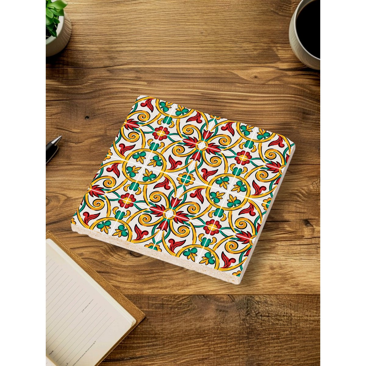 Juego de posavasos de piedra - Adornos verdes y rojos