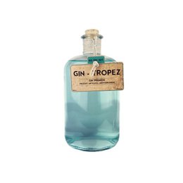 Gin Tropez 1.5L bottle, a clear blue-green glass bottle with a cork stopper, featuring the Gin Tropez label.