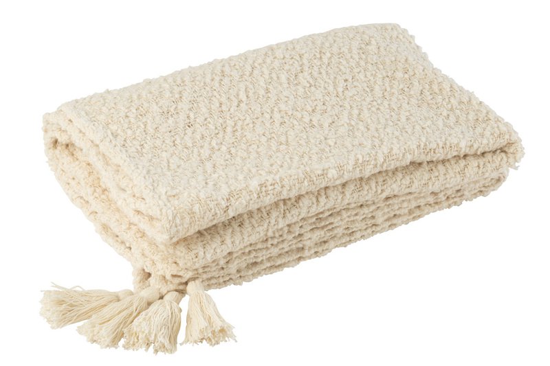J-Line Plaid kwasten - katoen - creme - 180 x 130 cm