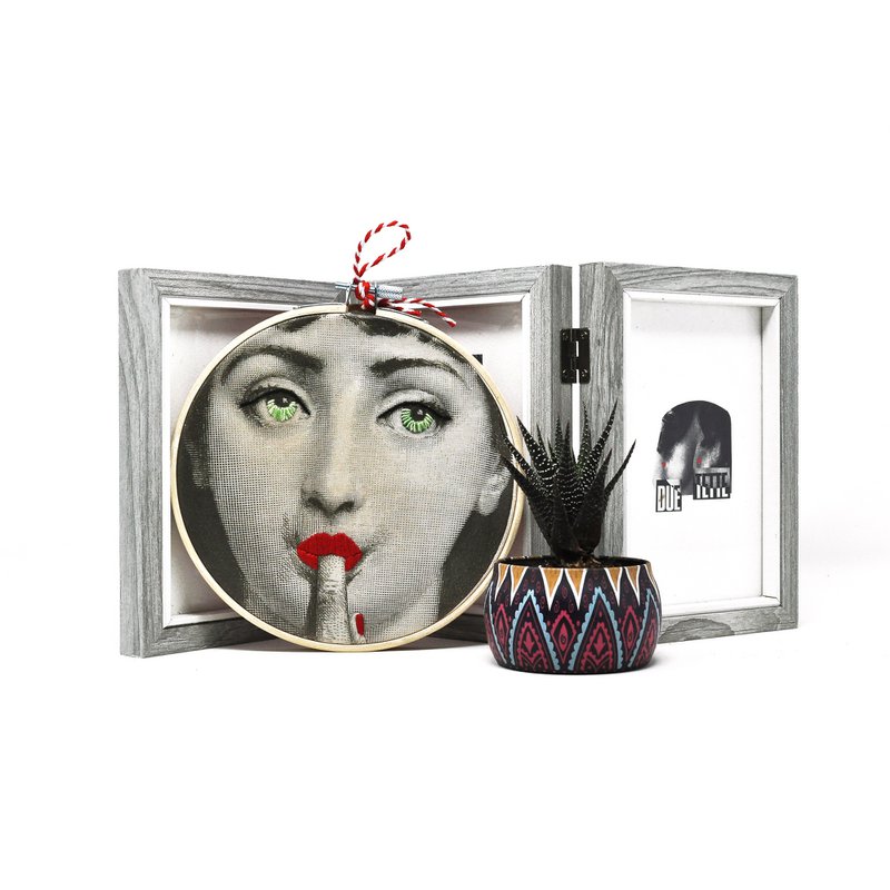 Handmade Embroidery Hoop Wall Art - "Iconic Lina" Collection (Fornasetti Inspired) - Textile Wall Art Decoration 15cm