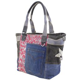Damska torebka Sunsa. Torba na ramię wykonana z dżinsów, płótna i skóry z recyklingu. Torba w stylu retro vintage. Duża damska torba typu shopper w patchworkowym stylu