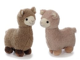 Plush alpaca toy, 20x9x22cm in size, with 2 faces. Soft, fluffy, and cuddly alpaca plushie in a neutral beige color.