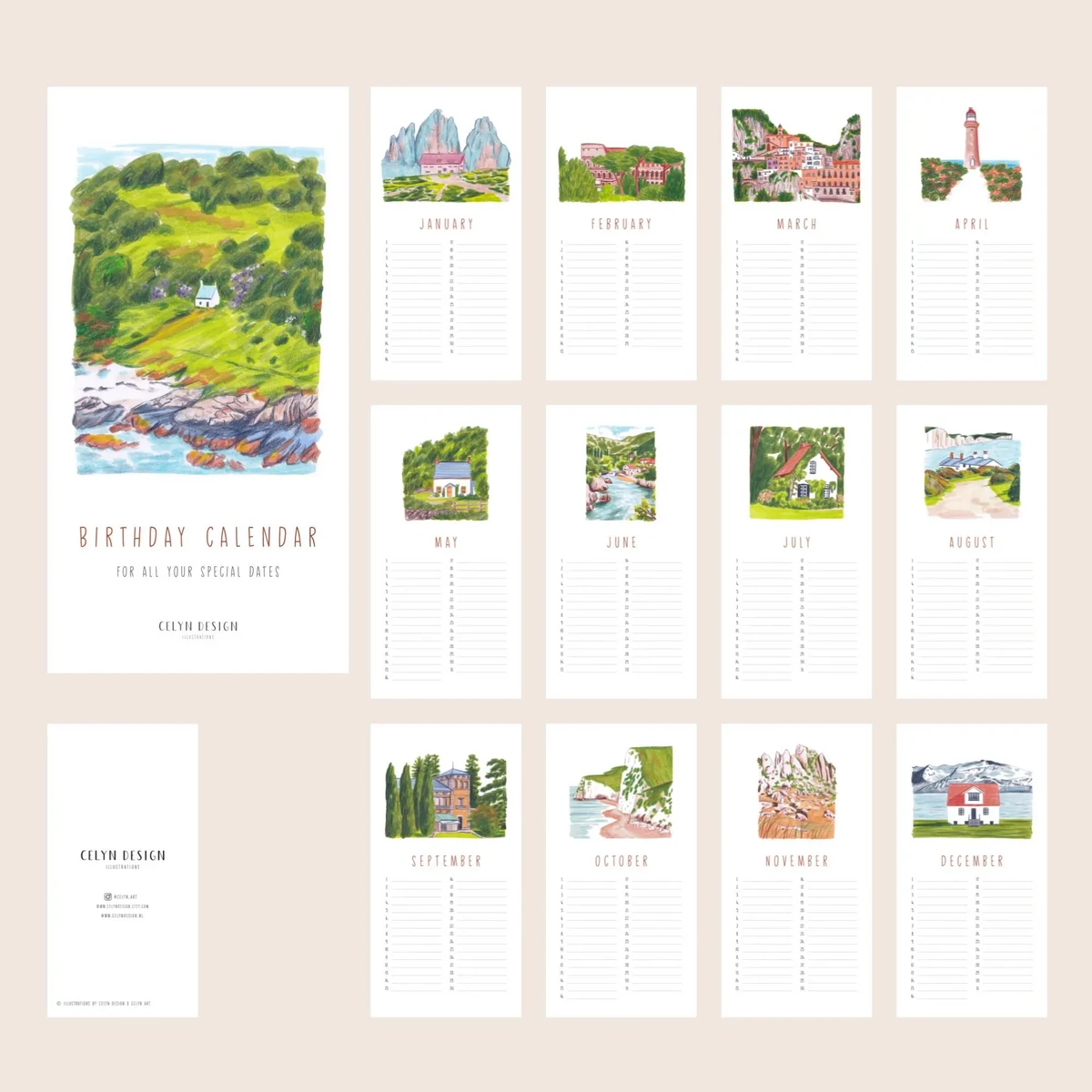 Geïllustreerde Verjaardagskalender I Celyn Art Mixed Media Illustraties