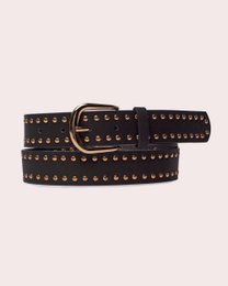 Black studded leather belt with gold round buckle, available in white, adjustable sizes XS to L