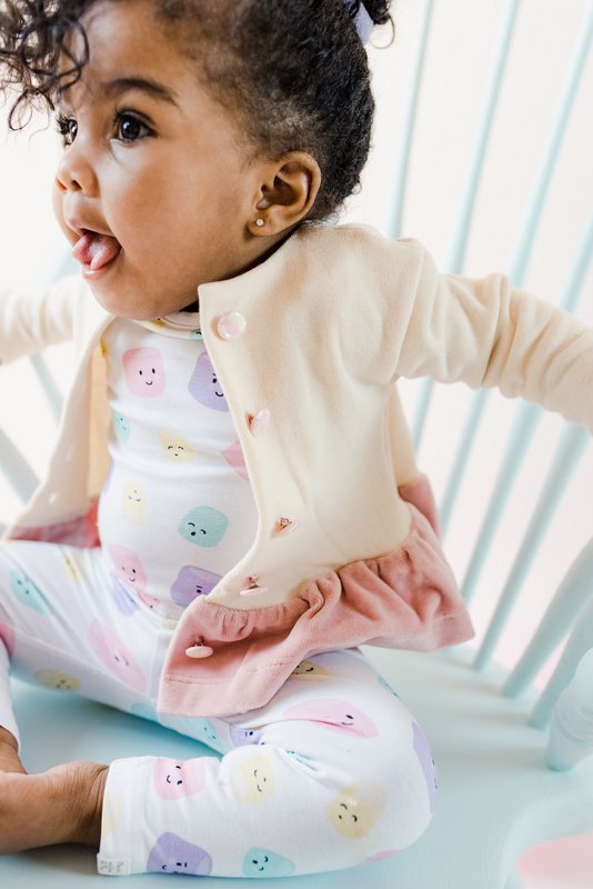 *Bestseller* Sustainable Chic Baby Cardigan Natural with Mauve Frill | 100% GOTS certified organic cotton