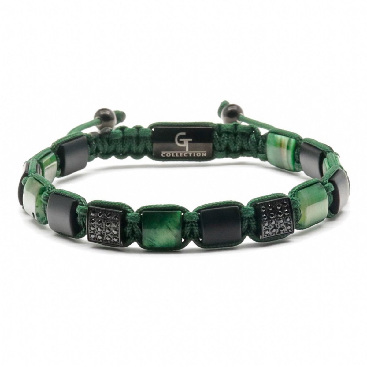 Mænds grønne tiger øje, sort onyx flad perle armbånd