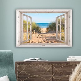 Canvas Maleri - Wall Decoration - View - Beach - Sea - Dunes - Sand - Water - Helmgras
