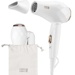 White, compact, foldable travel hair dryer with dual voltage and included travel bag with styling nozzle. Powerful 1000 watt motor for strong airflow and quiet operation. Ideal for travel and compact storage.