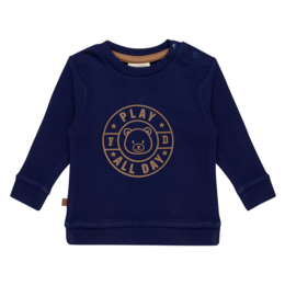 Navy blue kids sweater with "Play All Day Baby" emblem in gold text. Made of soft, comfortable material. Available in sizes 50/56, 62, 68, 74, 80, and 86.