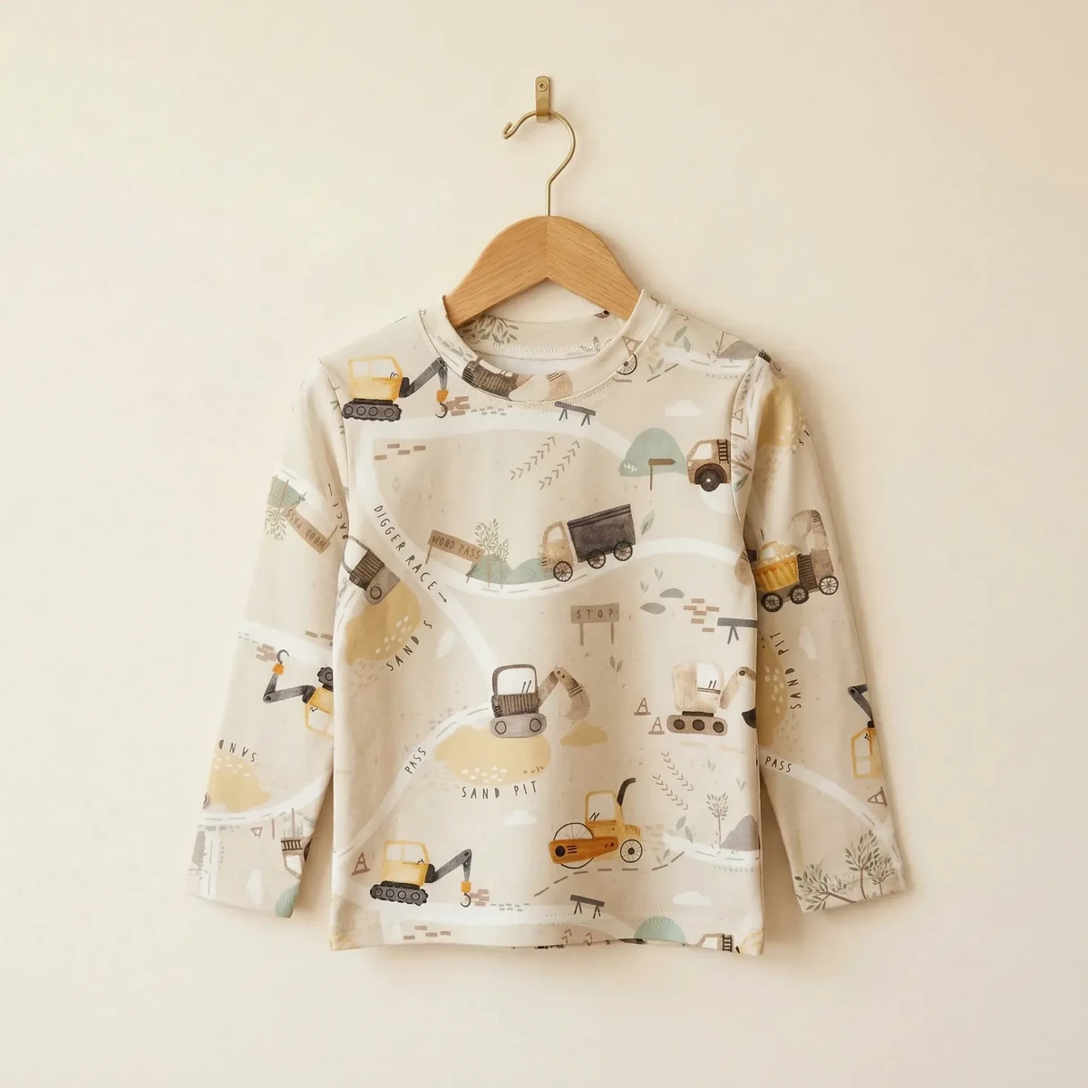 Beige Kids Long Sleeve Shirt with Excavator Print