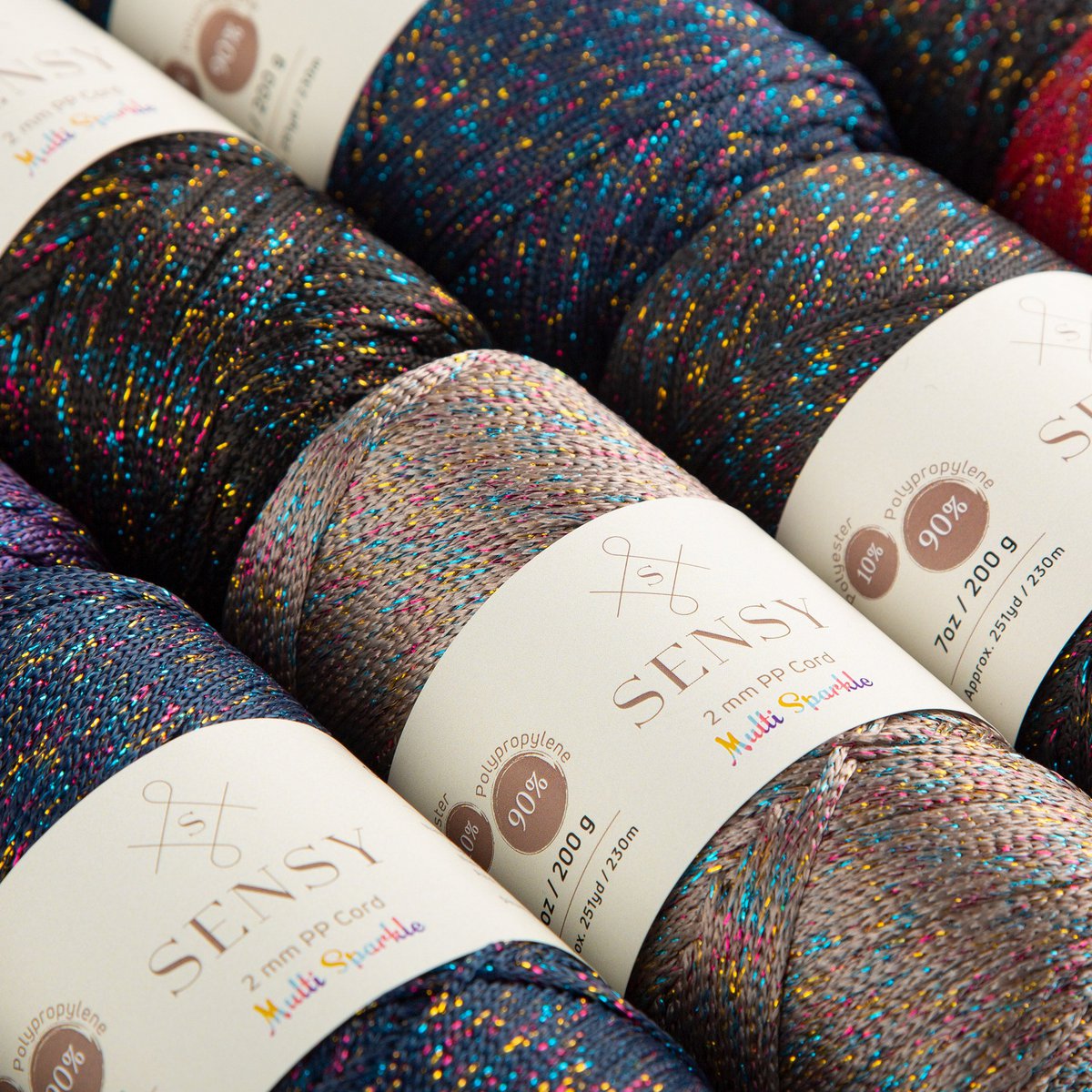 Sensy Premium 2mm Multi Sparkle - Cordón de macramé 90% polipropileno / 10% poliéster de 251 yardas