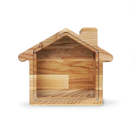 Houten spaarpot, spaarpot in de vorm van een huis
