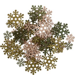 Wooden spreader with 108 pieces, 2 motifs, for baking decorations. Includes various snowflake shapes in shades of green and pink.