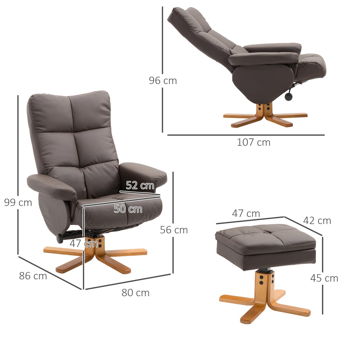 Relaxation chair with stool, 360° rotating TV chair with reclining function, reading chair for bedroom, living room, faux leather, brown
