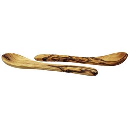 Olive wood sugar spoon with natural wood grain pattern.