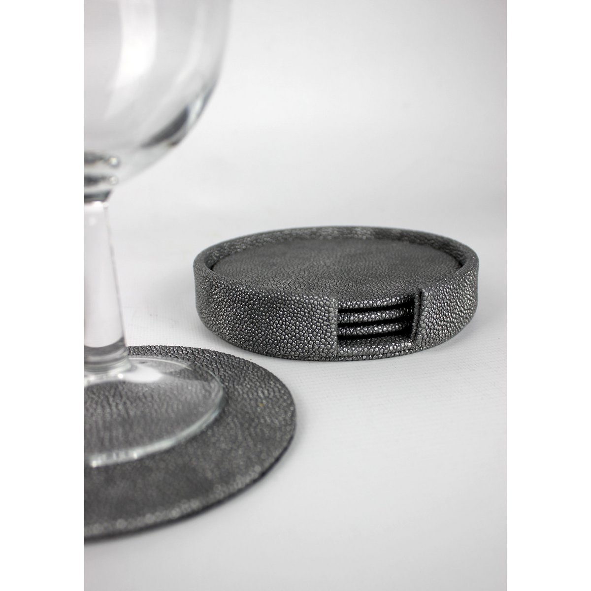Glasuntersetzer rund 4er Set mit Box Kunstleder Rochen grau