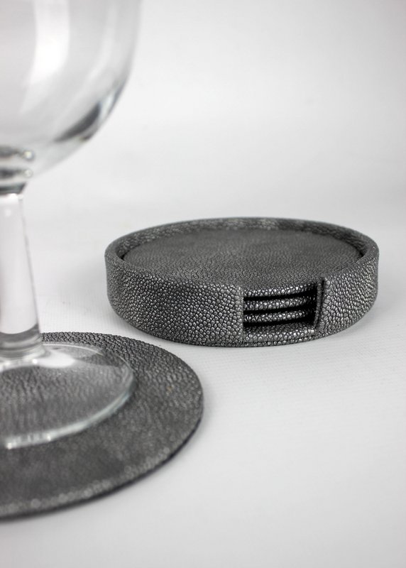 Glasuntersetzer rund 4er Set mit Box Kunstleder Rochen grau