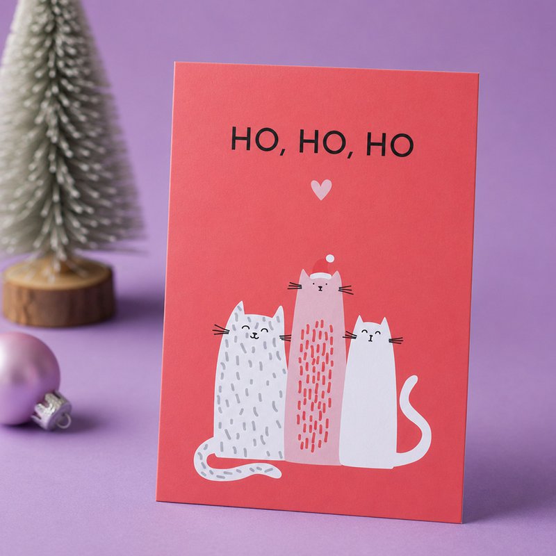 zabawna kartka świąteczna Pocztówka „Ho, ho, ho” z kotem