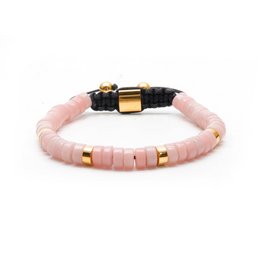 Pink beaded bracelet with gold-tone accents and adjustable cord closure.
