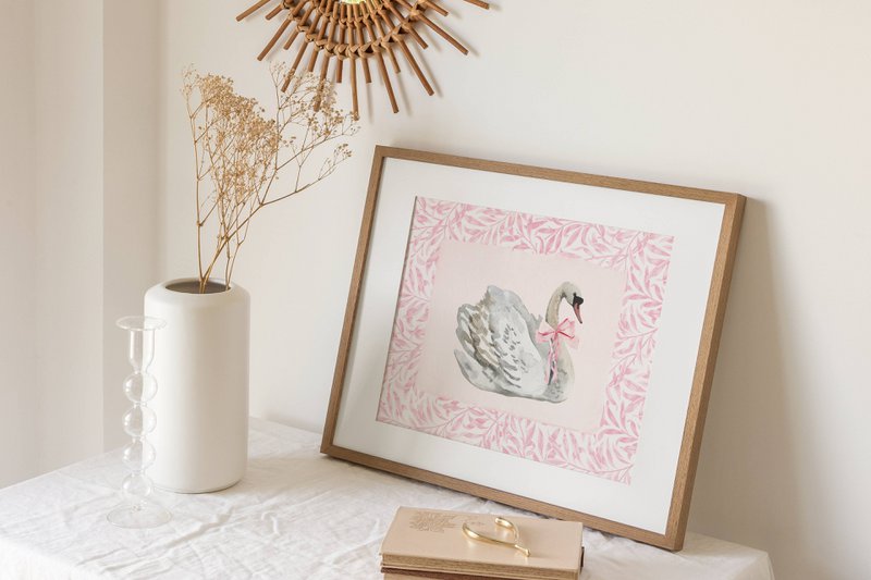 Swan with pink bow poster, vintage swan poster, Pink bow print, girls bow poster, pink toile art, pink girls room poster, girls nursery poster