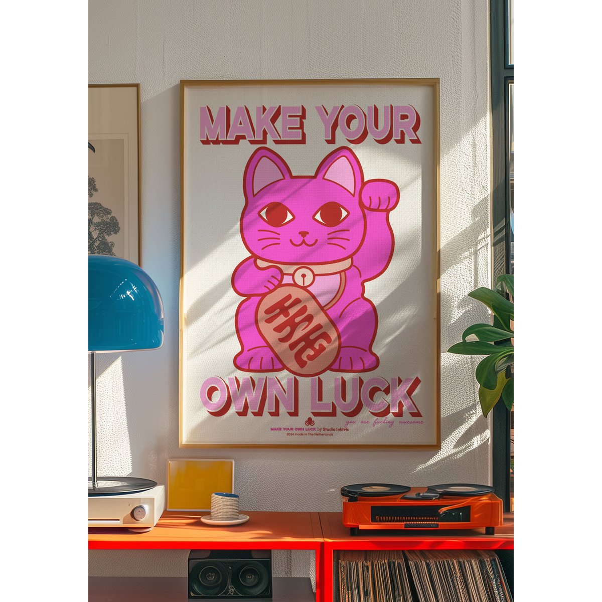Riso Poster A3 Maneki Neko Neon Rose Rude