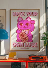 Riso Poster A3 Maneki Neko Neon Rose Rude