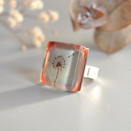 Anello grosso in vetro con dente di leone di forma quadrata dipinto a mano, misura regolabile