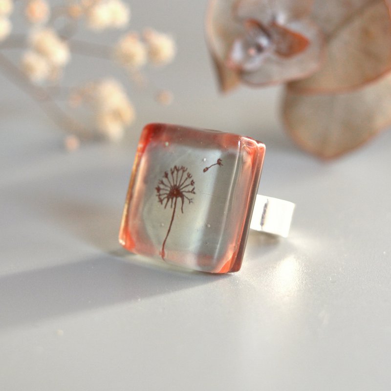 Anello grosso in vetro con dente di leone di forma quadrata dipinto a mano, misura regolabile