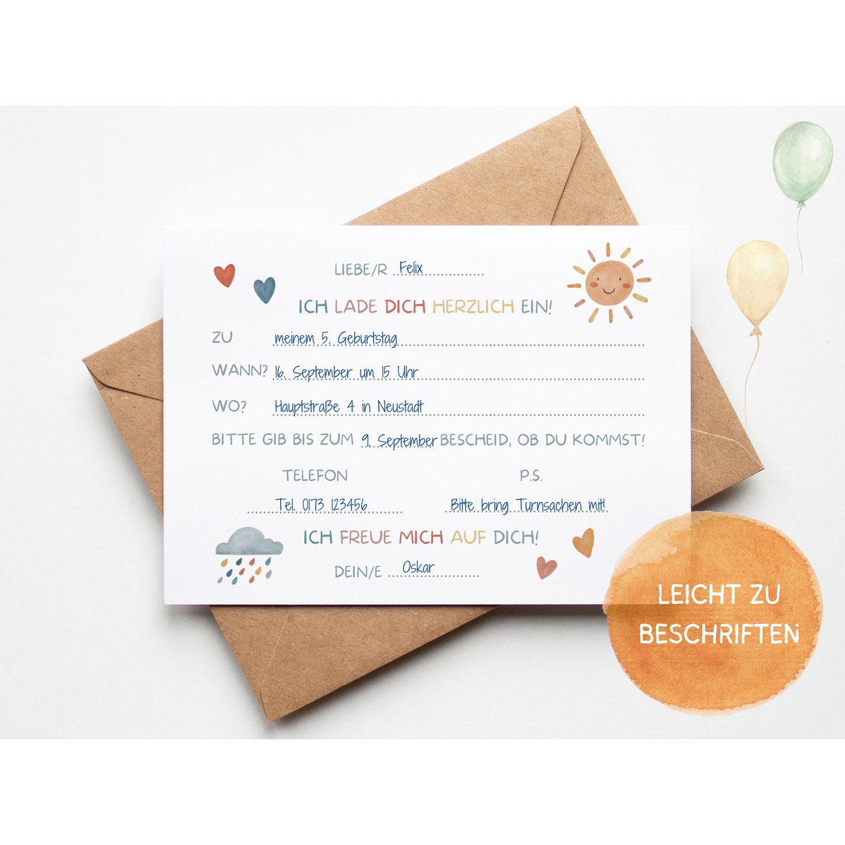 Rainbow invitation card children's birthday girl or invitation for baptism, communion, confirmation or youth consecration to fill in the envelope