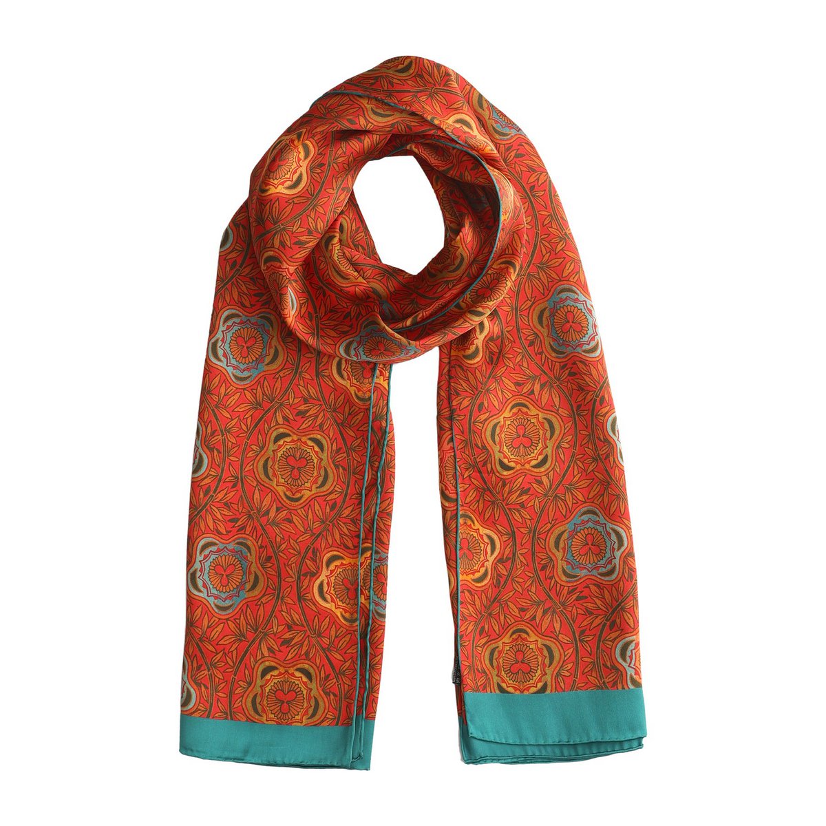 Bufanda roja y azul con caléndula con estampado floral