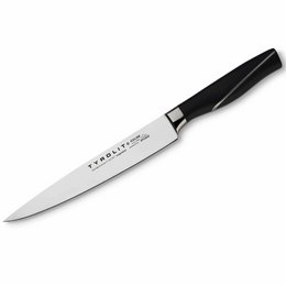 A stainless steel filleting knife with a black handle, designed for precision cutting and filleting of fish and other meats.