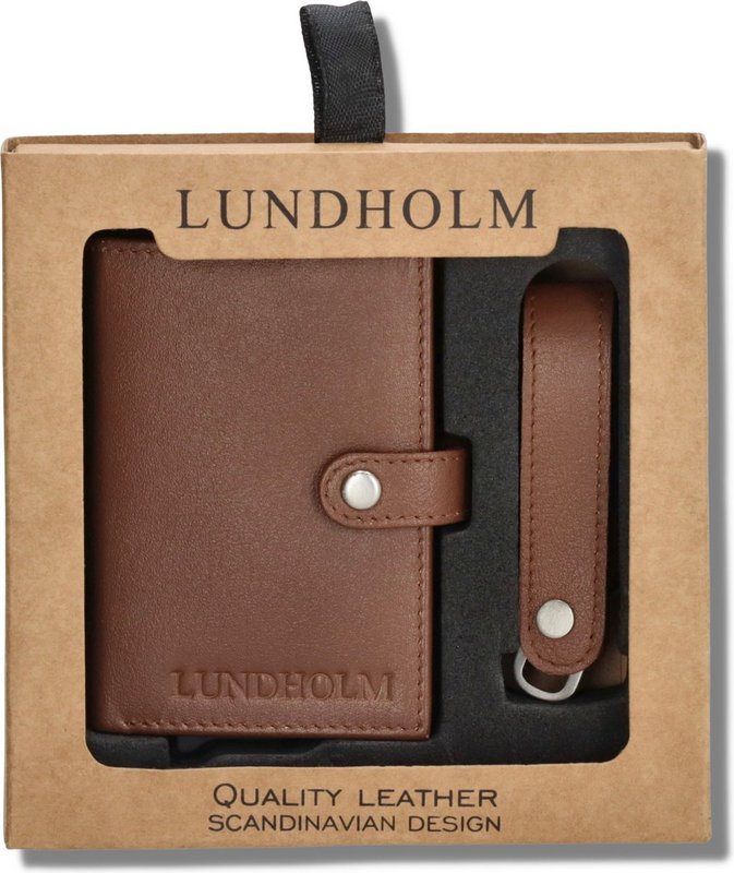 Læderkortholder + nøgleorganer brun — gavesæt til mænd — Lundholm Örebro Safety Wallet