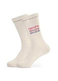 White socks with "amore amore" text and a heart design. The socks appear to be made of a soft, comfortable material and come in multiple size options.