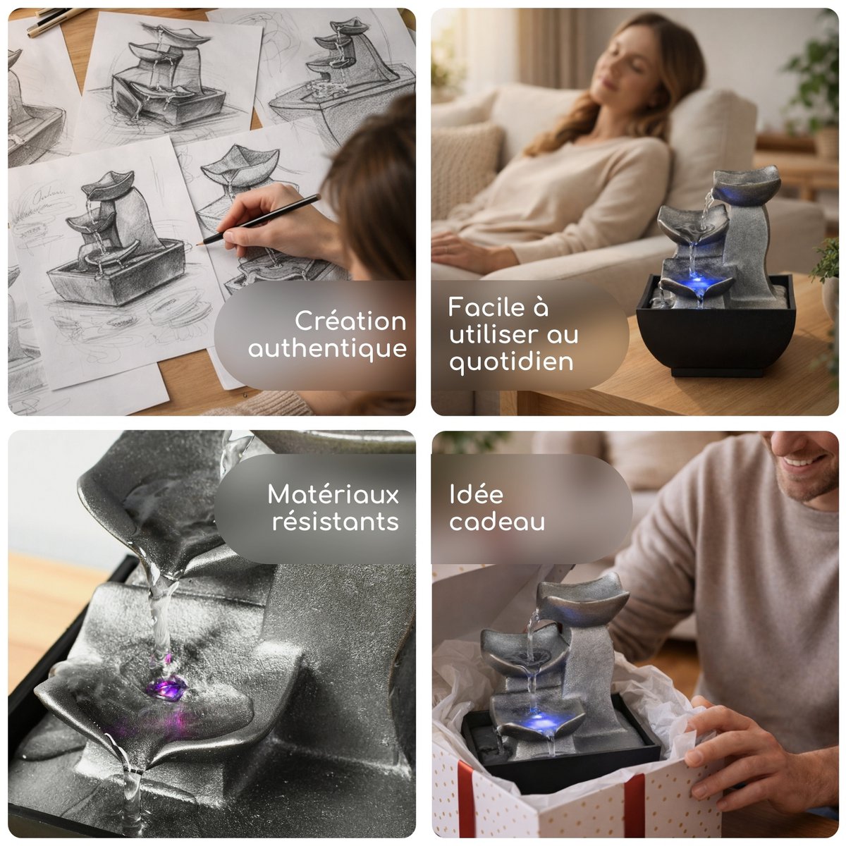 Zimmerbrunnen – Boro – Ideale dekorative Zen-Atmosphäre – kleines dekoratives Modell – LED-Lichtfluss – modern und schlicht