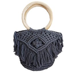 Gray macrame handbag with wooden handles and fringe detailing.